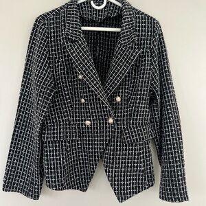 SHEIN Black & White Tweed Double-Breasted Blazer